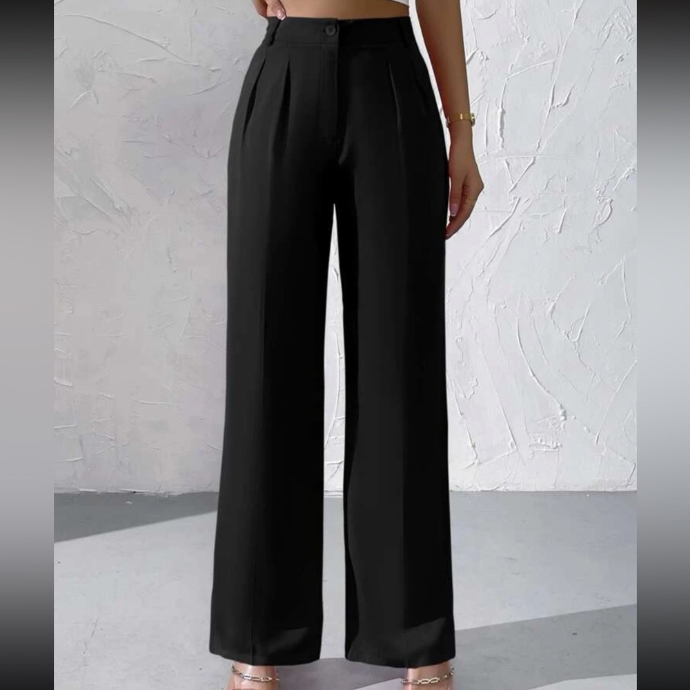 minimalist High Waist Plicated Detail Wide Leg pants black